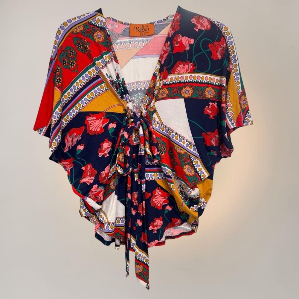 Voom Joy Han Hippie Festival Cropped Dolman Top XS Patchwork Floral Tie Front
